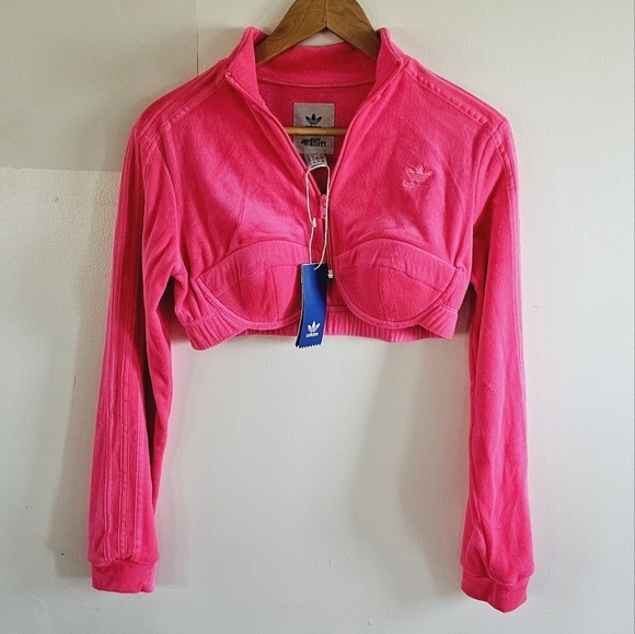 NWT Jeremy Scott Adidas Originals JS Track Crop Top Jacket Velour Solar Pink L - Picture 3 of 8